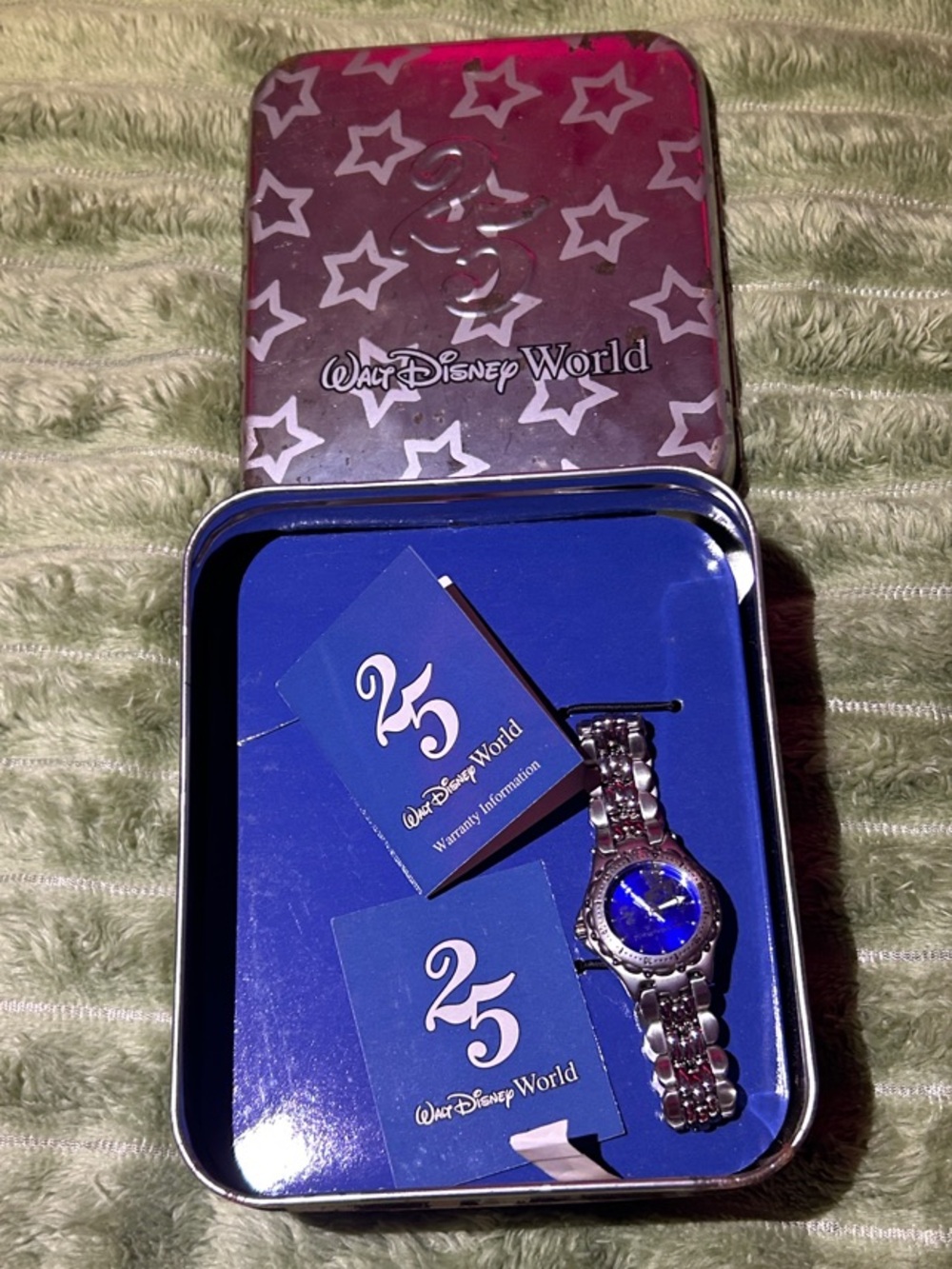 Disney Silver Tone Mickey Mouse 25th Anniversary Wristwatch with Blue Dial